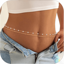 18K Gold Plated Waist Chains for Women, UHIBROS Pearl CZ Crystal Layered Belly Beads, Adjustable Sexy Bikini Waist Jewelry Accessories, Plus Size Summer Stomach Body Necklace 25-43 Inch 31-37 INCH Figaro + Pearl
