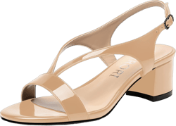 MERRORI Women's Low Block Adjustable Ankle Strap Party Casual Open Toe Patent Chunky Low Heel Sandals 2 Inch 7.5 Beige