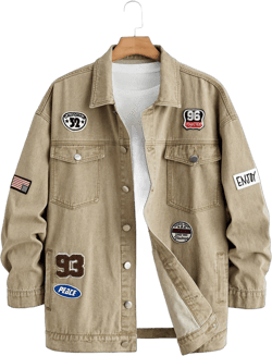 Manfinity LEGND Men's Plus Size Khaki Denim Jacket With Multiple Patches