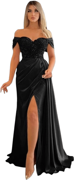 Women's Satin Mermaid Prom Dresses with Slit 2024 Off Shoulder Beaded Formal Evening Party Dresses 24 Plus Black