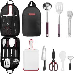 Odoland 8 Pcs Camping Cookware Utensils Travel Set, Camp Kitchen Utensil Organizer with Tongs, Scissors, Cutting Board, Rice Paddle and Water Resistant Case for Backpacking, Outdoor Camping