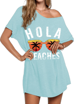 AI'MAGE Swimsuit Cover Up Women's Beach Dress Plus Size Bathing Suit Coverup Casual T Shirt Dresses Beachwear Light Blue Sunglasses Large
