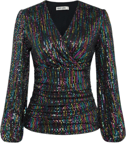 GRACE KARIN Sequin Tops for Women Long Sleeve Sparkly Dressy Tops Ruched Wrap Blouse Party Club Shirt