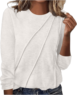 Women's Cotton Pleated Business Casual T-Shirt Long Sleeve Round Neck Loose Lightweight Tunic Top Fall Trendy Shirt White Large