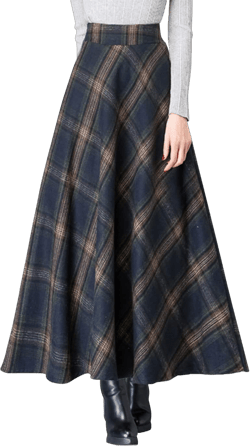 ebossy Women's Vintage High Waist Wool Blend Plaid A-Line Long Maxi Skirt with Pocket Small Plaid Blue