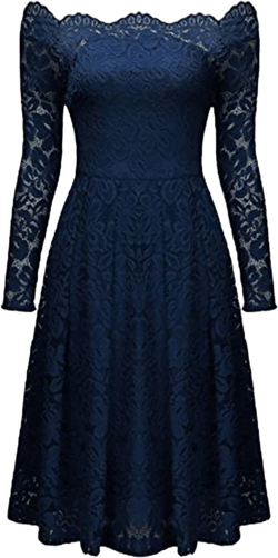 Women's Dresses Color Lace Patchwork Sheath Strapless Dress Swing Long Sleeve Evening Prom Cocktail Dresses, S-5XL X-Large Navy