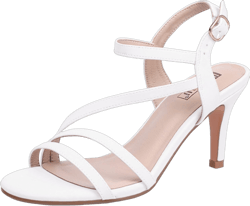 IDIFU Women's Black Nude White Silver Heels for Women Dress Kitten Heels Strappy Open Toe Heels Sandals Wedding Evening Party Shoes for Women Ladies Bridal 9.5 White Pu