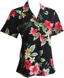 Made in Hawaii ! Women's Hibiscus Floral Hawaiian Aloha Camp Shirt Small Black
