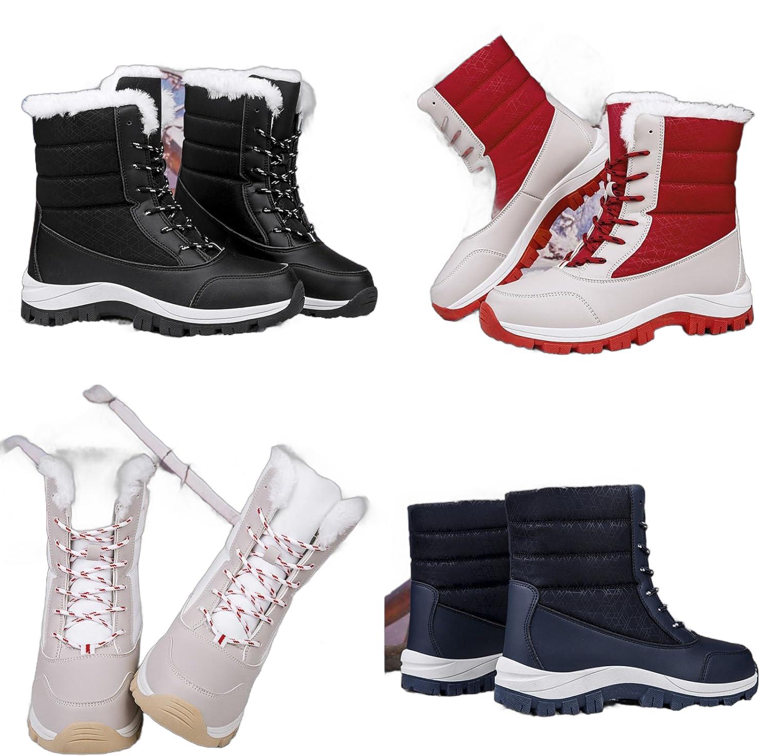 Women's Winter Mid-Calf Waterproof Snow Boots,Comfy Warm Fur Lined Non-Slip Lace-up Outdoor Hiking Short Ankle Booties 7 White