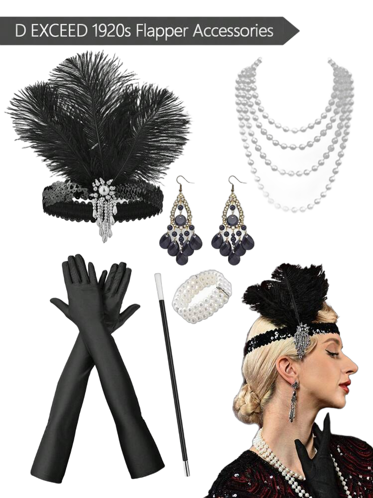 D EXCEED 6 Pieces 1920s Women's Gatsby Costume Roaring 20s Fake Feather Headband Earrings Beaded Necklace Bracelet Long Gloves Banquet Dance Party Performance Halloween Decor Gifts Cosplay Masquerade Party