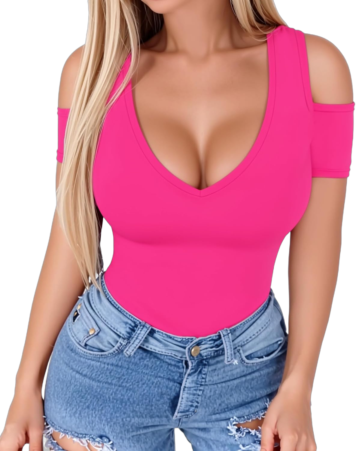 HERLOLLYCHIPS Women Tops Summer Deep V Neck Short Sleeve Cold Shoulder Slim Fit Casual Sexy Tees T-Shirts H Short Sleeve Bright/Neon/Hot Pink X-Large