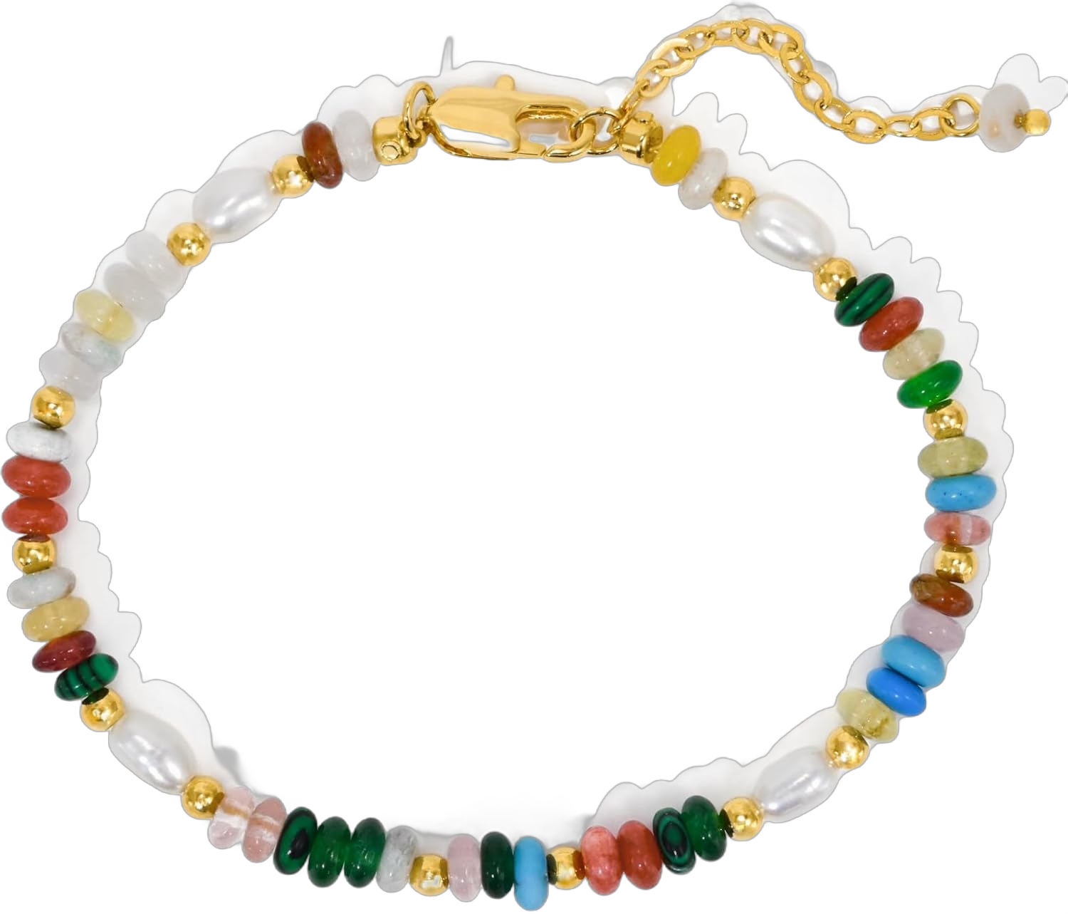 Beaded Bracelets for Women 18K Gold Plated 3 MM Boho Bracelet 5 MM Colourful Natural Stone Crystal Flat Beads Freshwater Pearl Turquoise Malachite Bracelet Jewelry Gift 8Inch