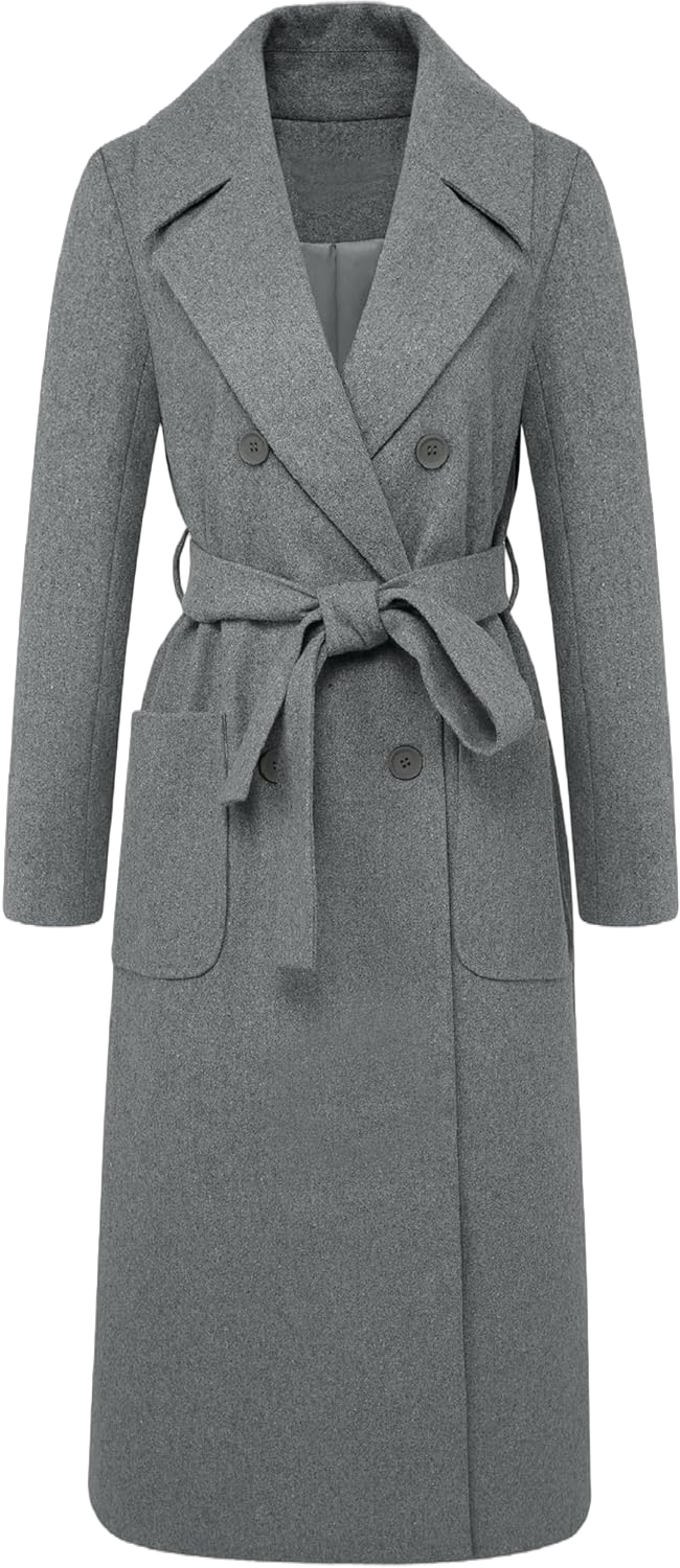 CHARTOU Women's Elegant Lapel Collar Double Breasted Regular Wool Blend Overcoat Coat Belt X-Small Grey