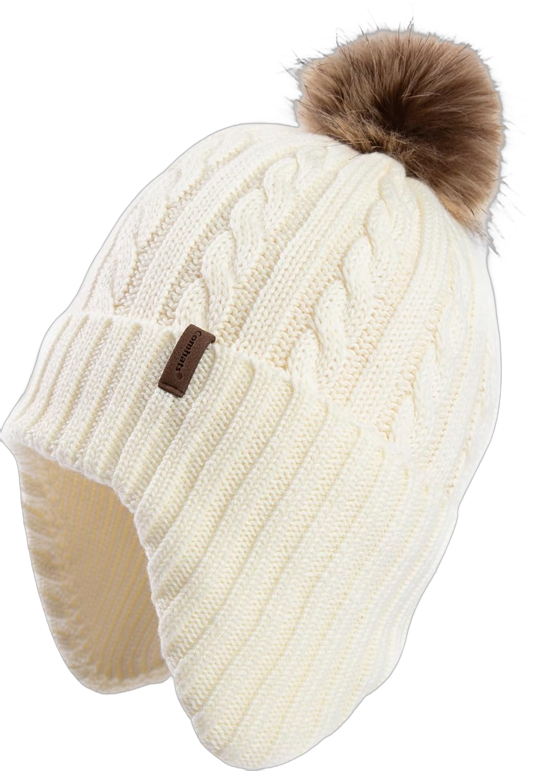 Comhats Winter Peruvian Knitted Beanie Hats for Women Pompom Merino Wool Ear Flaps Fleece Lined Cold Weather Ski Running