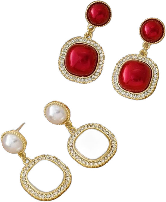 Pearl Earrings for Women Circular Pendant Pearl Drop Earrings Birthday banquet and Bar Mitzvah Gold Framed Ruby