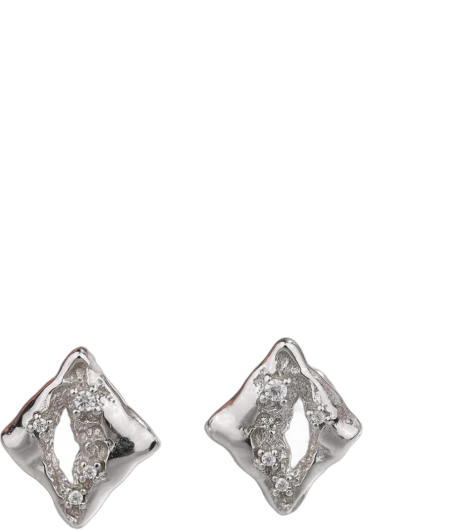 Irregular Geometric Silver Nugget Stud Earrings for Women Men - White Gold Plated 925 Sterling Silver with Small CZ Cubic Zirconia Diamond, Dainty Unique Designer Jewelry