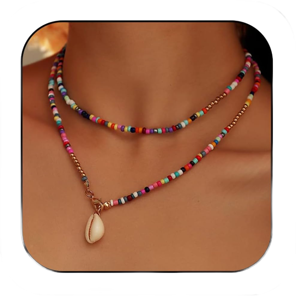 Bohemian Multi-colored Beaded Choker Necklace Y2K Seed Beaded Stackable Necklace with Shell Pendant Boho Summer Beach Necklace for Women