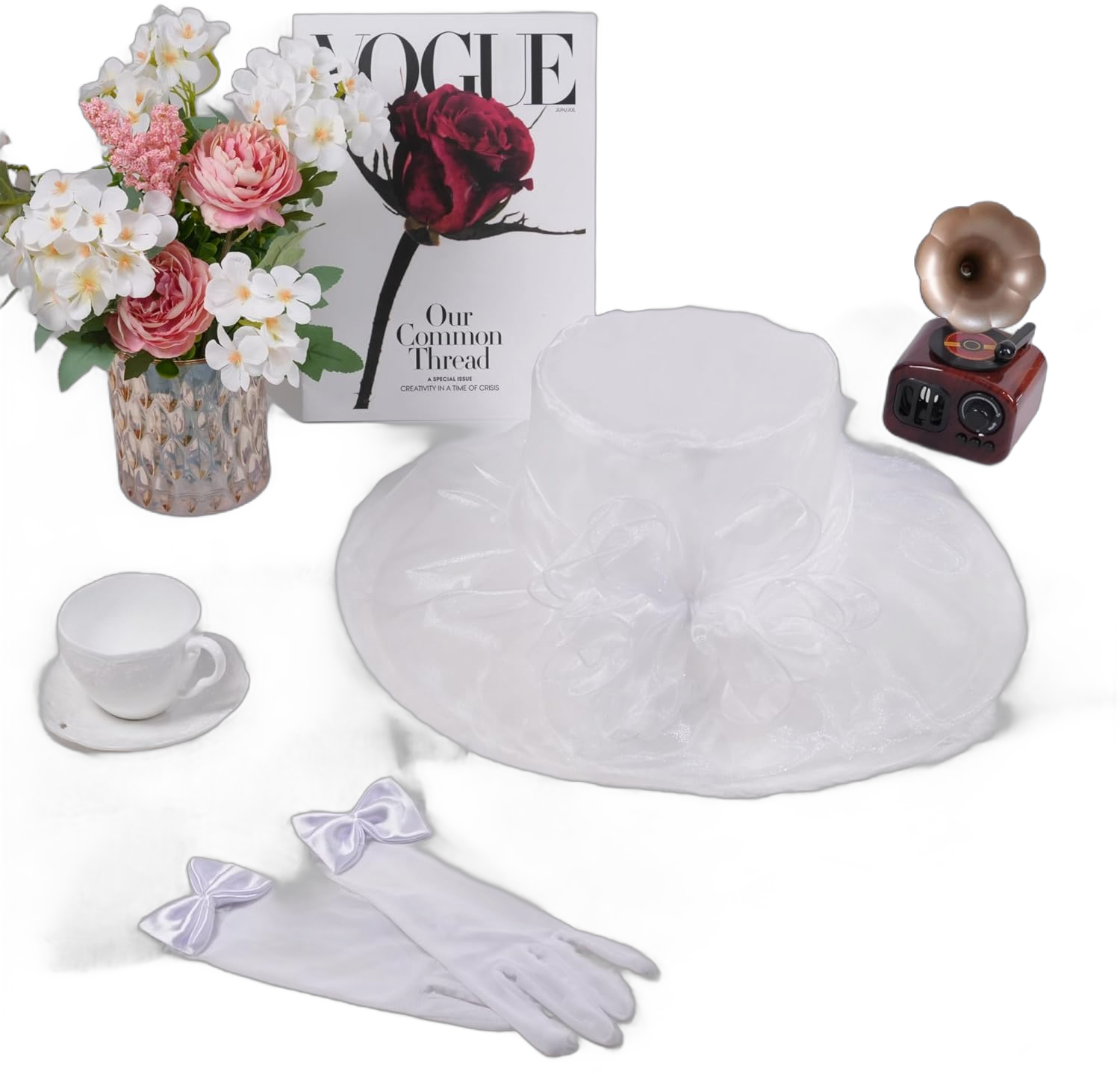 Women's Organza Church Fascinator Hat Tea Party Wedding Hat Cocktail Hat Cap and Lace Gloves with Bows for Women One Size White