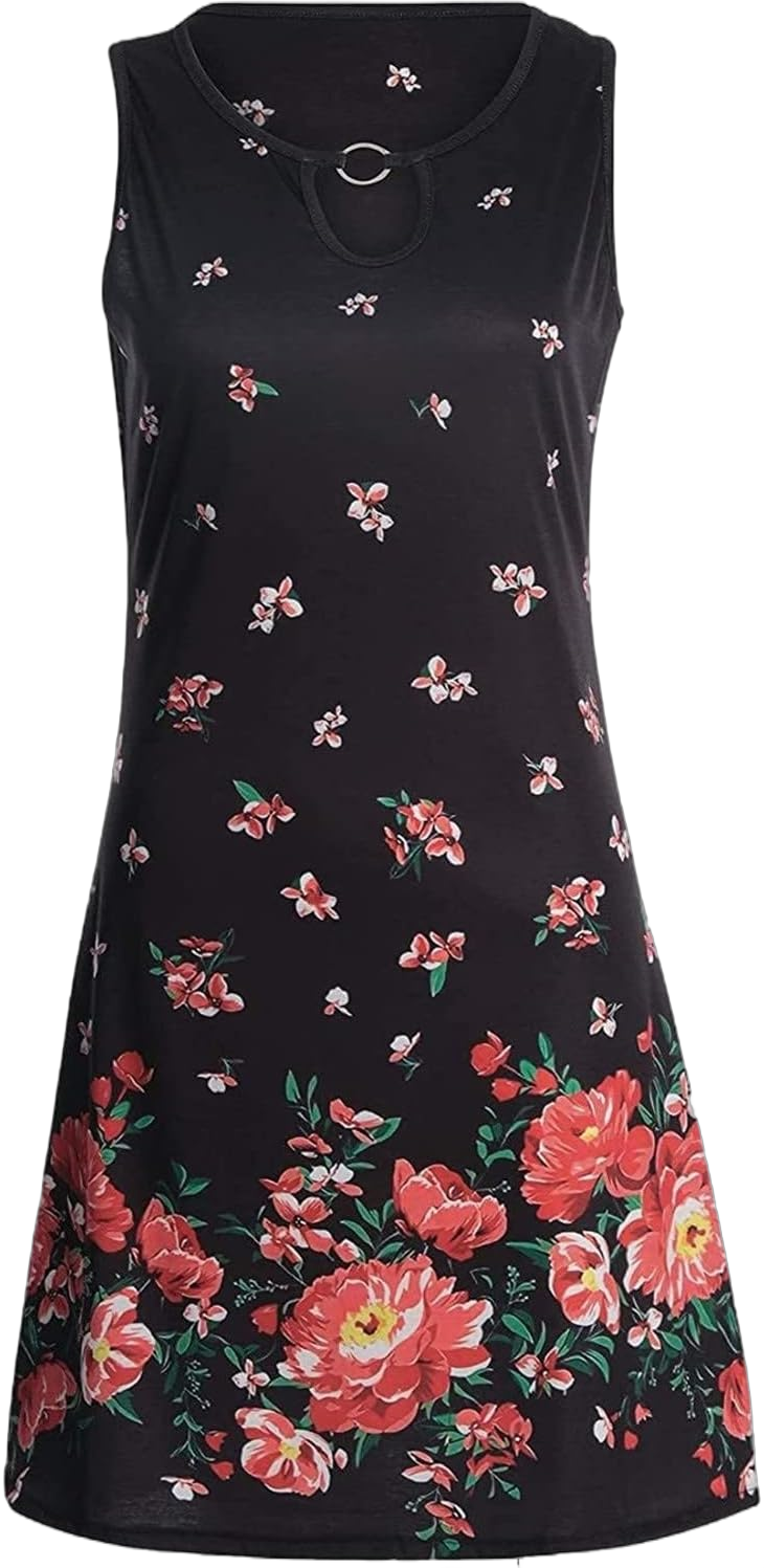 Lausiuoe Summer Dresses for Women,Women's Fashion Floral Print Sleeveless Tank Dress Casual Loose Beach Mini Sundresses