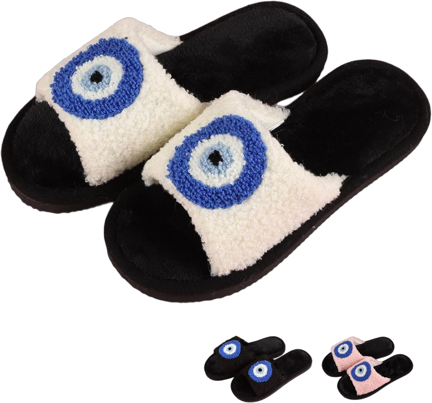 Evil Eye Slippers Evil Eye Decor Women Slippers for House Bedroom Sandals Fuzzy Plush Slides Flip Flop Indoor Outdoor Shoes 6-6.5 White