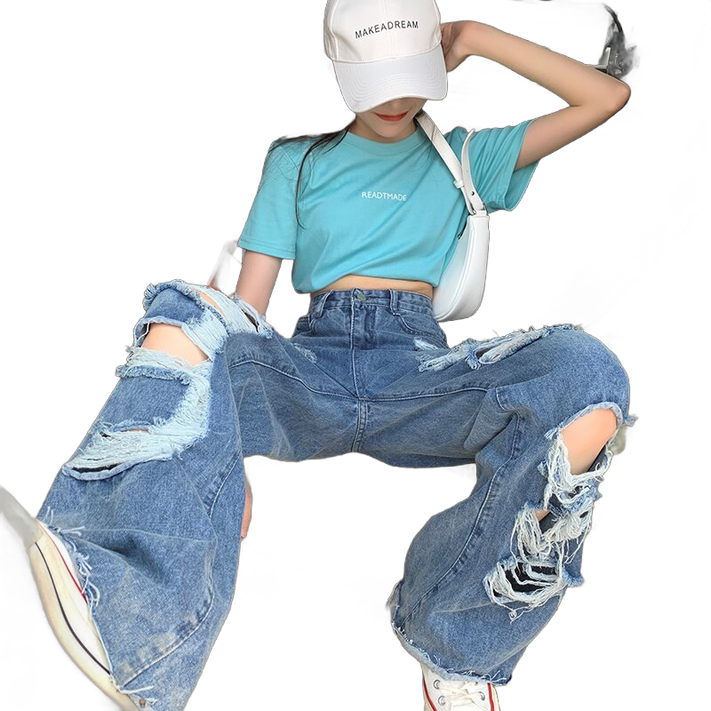 Amy Fashion - Loose Ripped Wide-leg Jeans Thin Women's Trousers