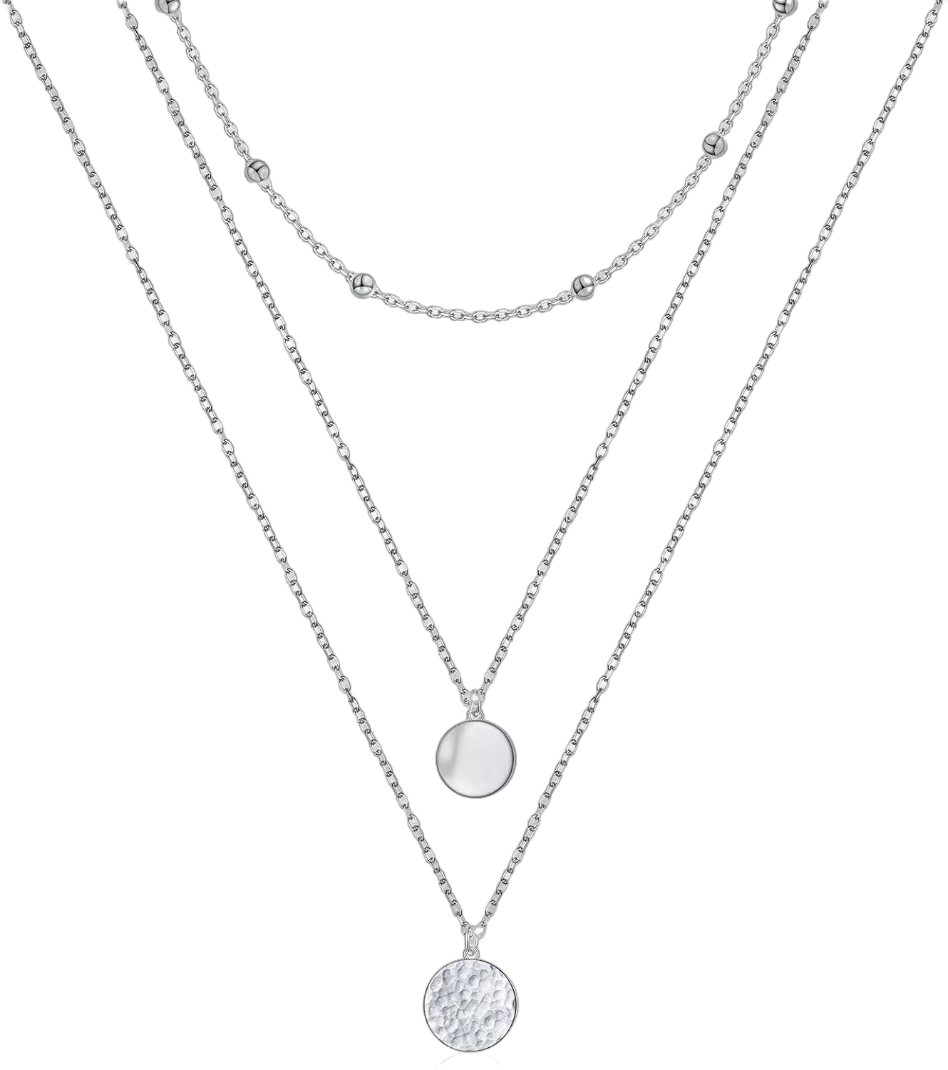 FLYOW Layered Necklace S925 Sterling Silver Triple Multilayer Necklace Long Chain Dainty Pendant Necklace for Women Bead chain&coin&hammer disc