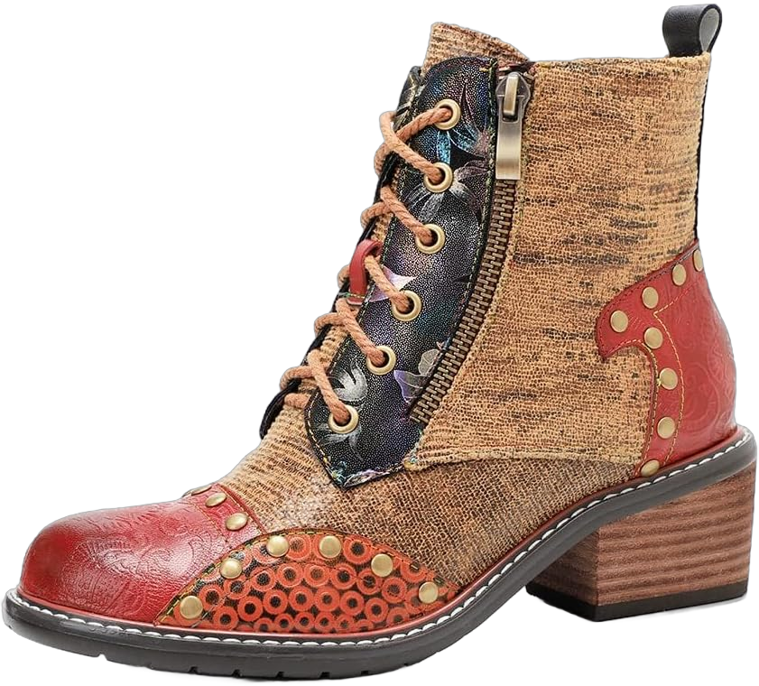 SOCOFY Ankle Boots for Women,Boots for Women Winter Shoes Bohemian Flowers Embroidery Splicing Leather Boots Anti Slip Walking Boots Retro Zipper Short Bohemian Casual Ankle Waterproof Boots for Women 8 Red