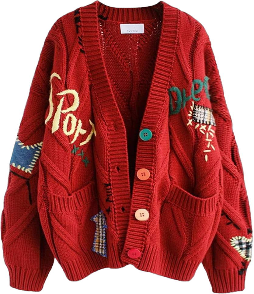 yoeasy Women's Embroidery V Neck Knit Cardigan Sweater Loose Open Front Button Down Long Sleeve Sweater Small Red