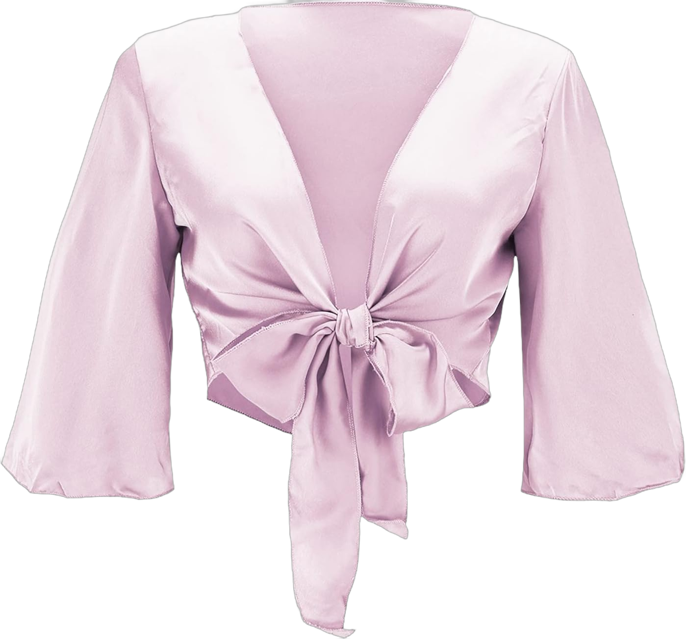 Womens Satin Silky Elegant Cropped Top Summer Sexy V Neck Criss Cross Wrap Tie Knot 3/4 Sleeve Solid Bandage Blouses Small Pink