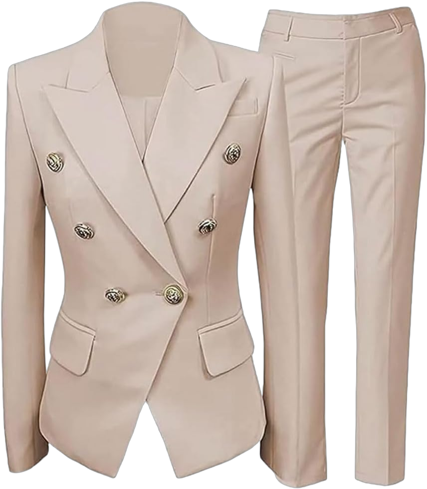 Womens 2 PC Fasion Outfits Double Breasted Blazer Slim Fit Business Suit Jacket Pants Suit for Work Professional X-Large Beige