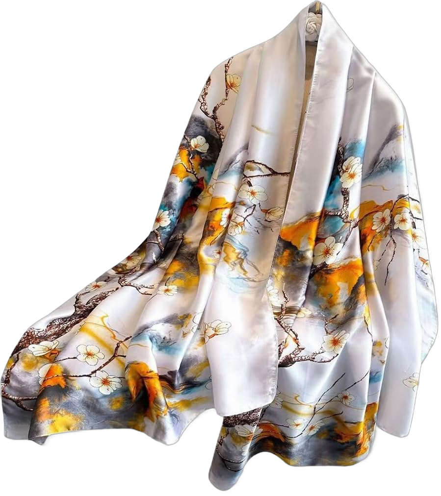 Women's Silk Scarf Chinese Style Print Long Large Scarf Lightweight Warm Shawl Stole Sunscreen Headscarf Beach Wrap White Plum Blossom