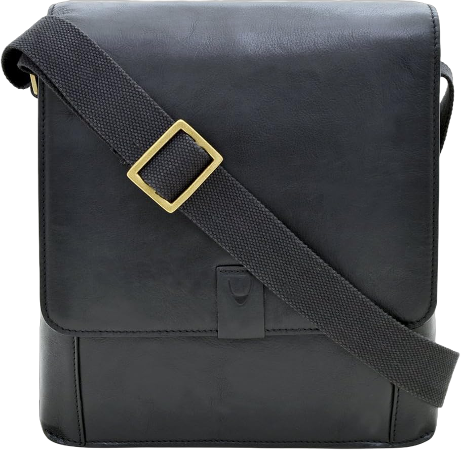 Hidesign Aiden Genuine Leather Medium Crossbody Men/Women Shoulder Messenger Bag / Travel Bag / 10.5" iPad Bag, Black