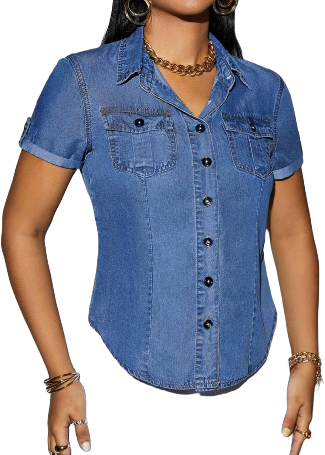 Denim Shirt Women Short Sleeve Button Down Flap Pocket Casual Business Jean Shirts X-Large Dark Wash