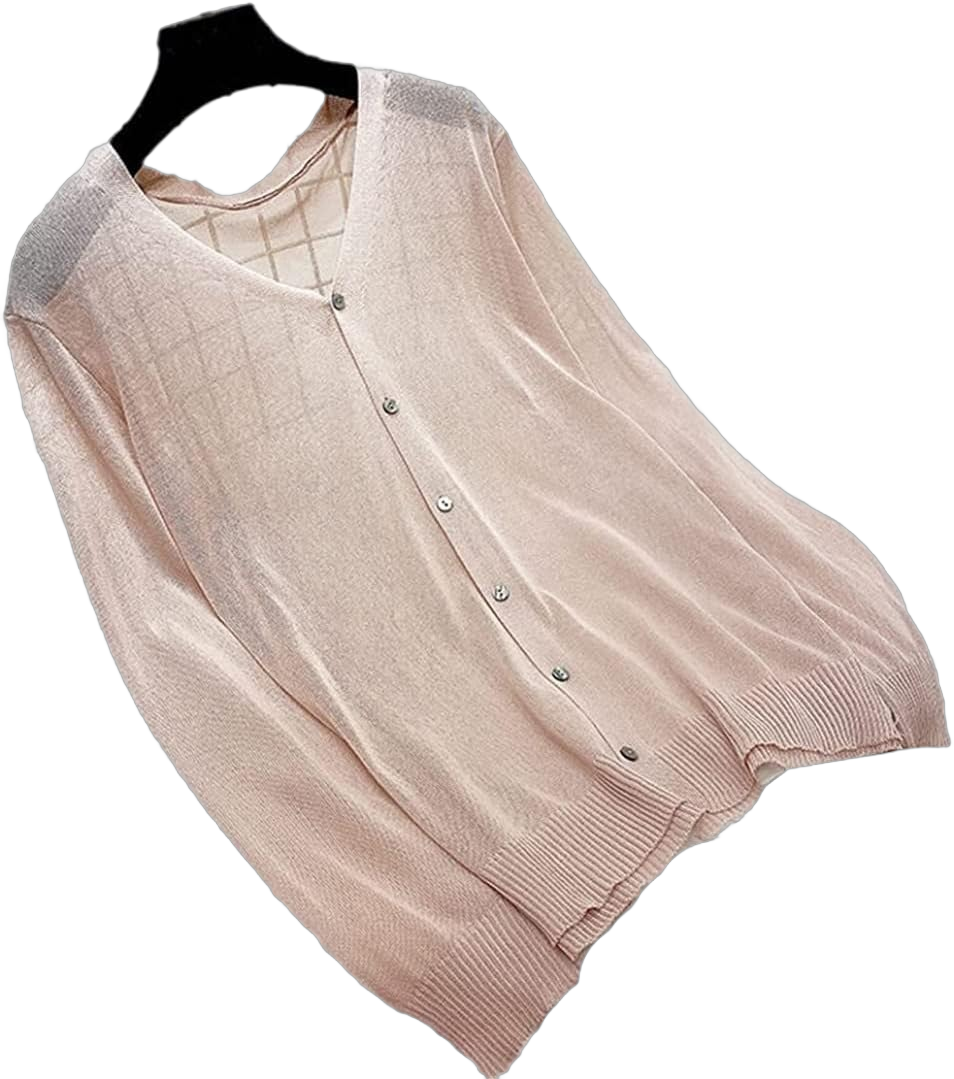 Women Thin Summer Solid Sunscreen Casual See-Through Long Sleeve Knitted Sweaters Simple Loose Cardigans XXL. Light Pink