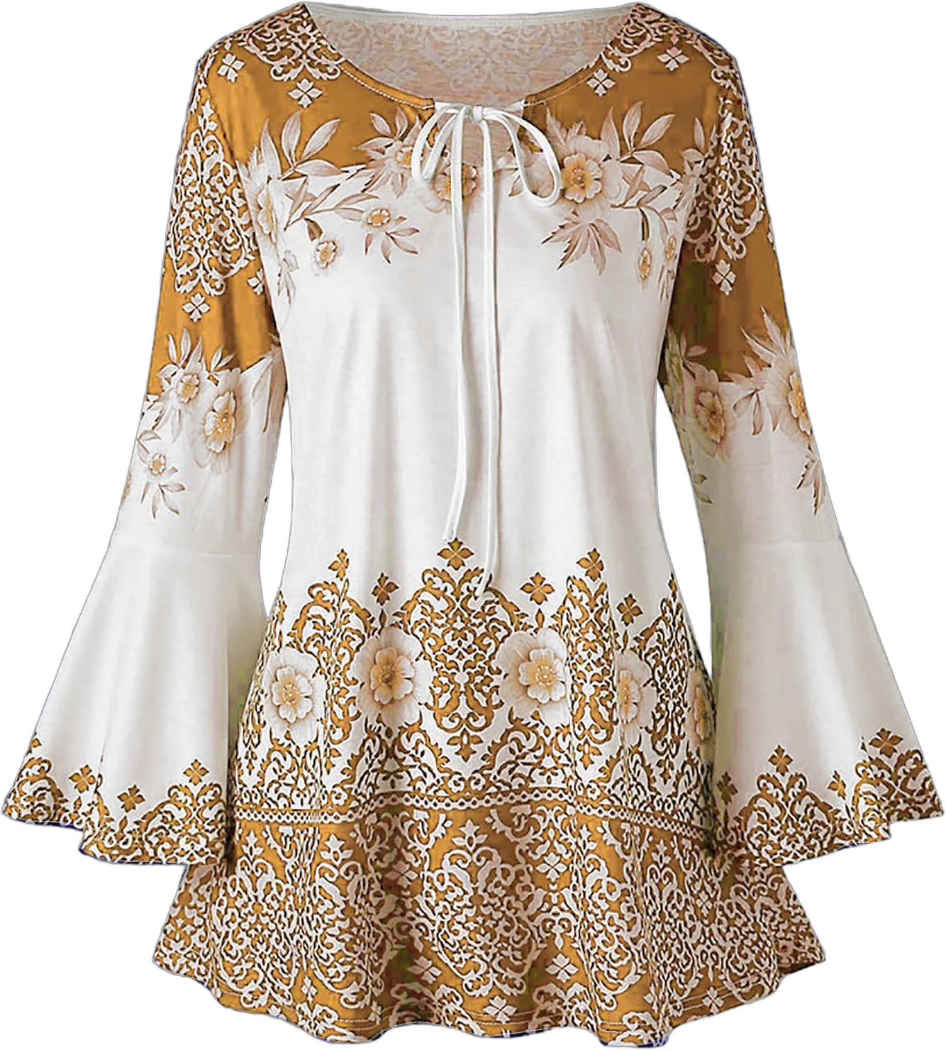 Chiccall Ethnic Plus Size Tops for Women Casual Loose Boho Floral Tunic Blouses Flare Long Sleeve Shirts Bell Sleeve Keyhole Tshirts on Clearance