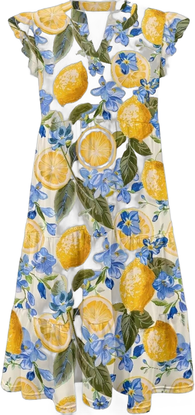 Women's Summer V Neck Dress Ruffle Sleeve A Line Tiered Flowy Casual Midi Beach Dress with Pockets Plus Size S-2XL XX-Large Floral Lemon