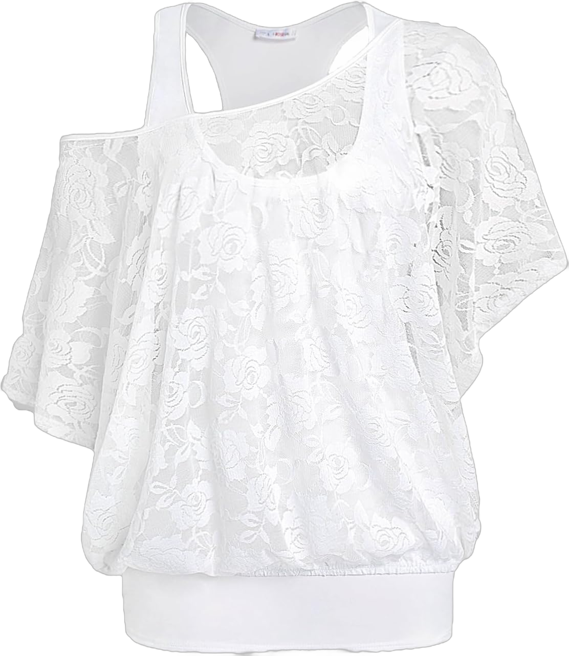 Rosegal Women Plus Size Skew Neck Sheer Lace Blouse and Racerback Tank Top Casual Crew Neck T-Shirt Summer Tops Large Plus White_1