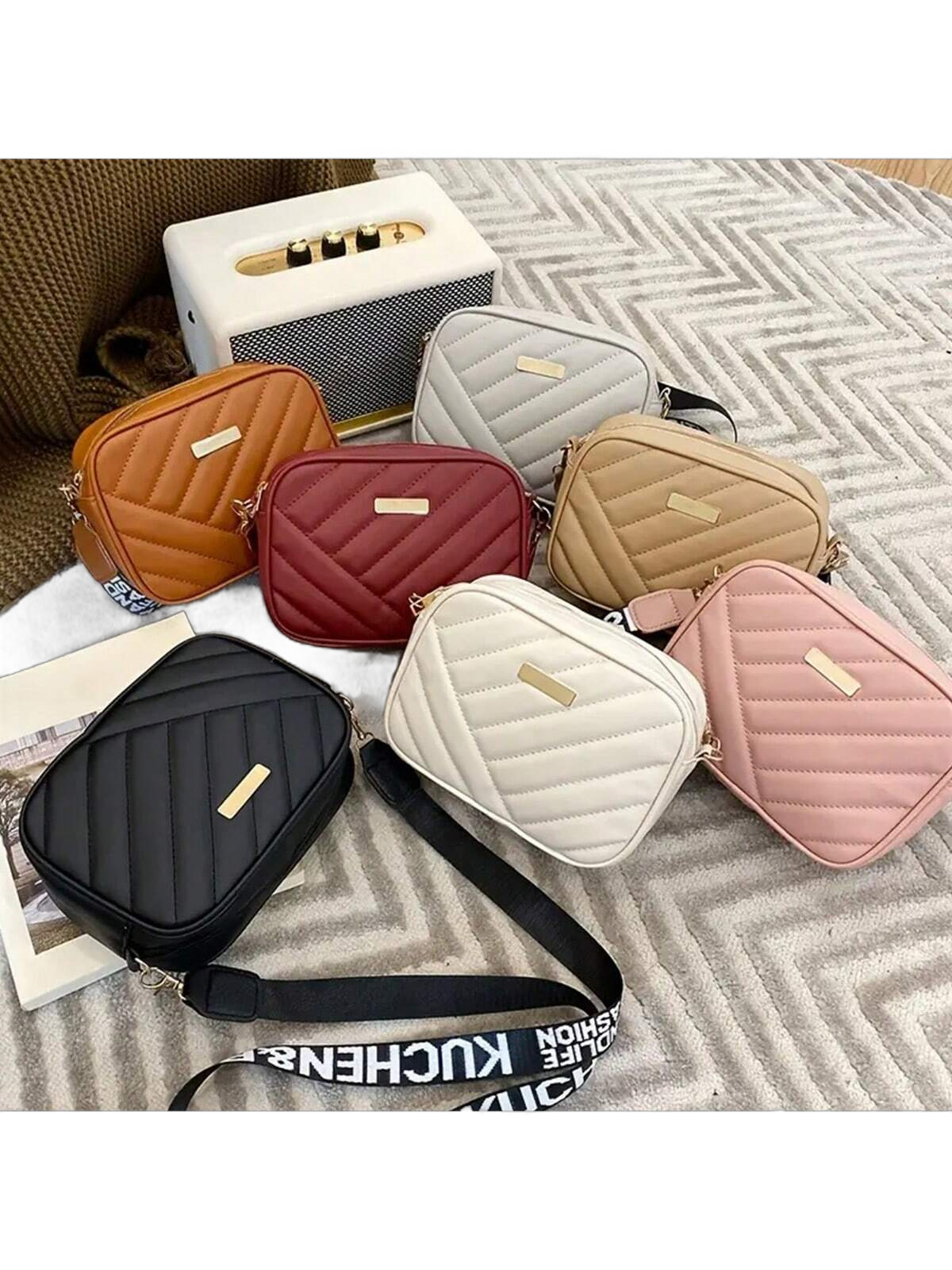 Quilted Square Crossbody Bag, Classic Metal Decor Zipper Purse, Women's Faux Leather Shoulder Bag