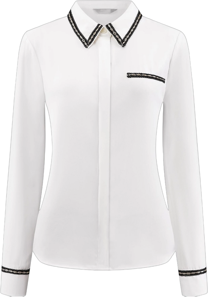 Hobemty Women's Button Down Collared Long Sleeve Tweed Trim Office Blouse White Medium