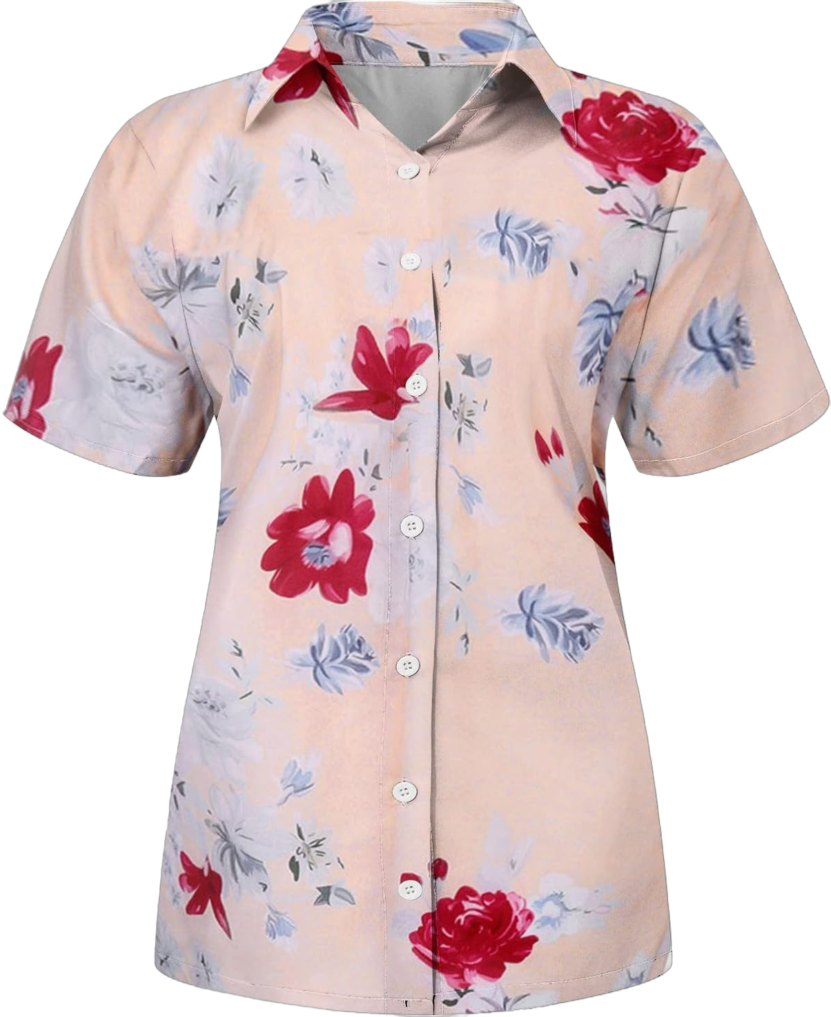 Button Down Shirts for Women,2023 Boho Beach Floral Printed Blouse Loose Fit Casual Mock Neck Short Sleeve Summer Tops Trendy Hide Belly Tunic Tops（C-Pink,M