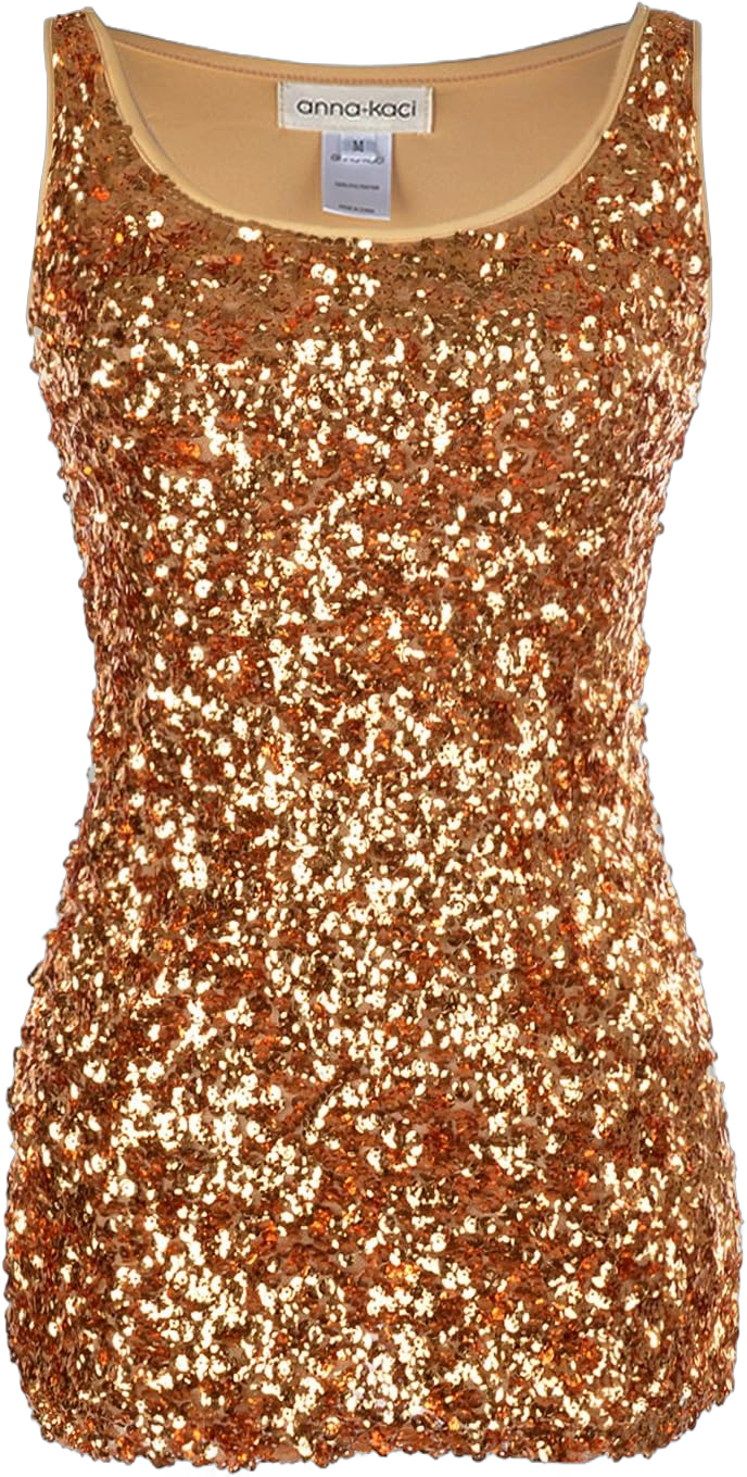 Anna-Kaci Womens Sparkle & Shine Glitter Sequin Sleeveless Round Neck Tank Top Large Gold