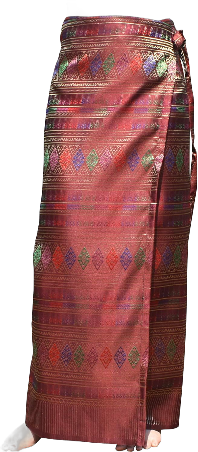 RaanPahMuang Brand Traditional Thailand Luxurious Silk Wrap Skirt Thai Formal Sarong Medium Preawa - Floral Dark Red