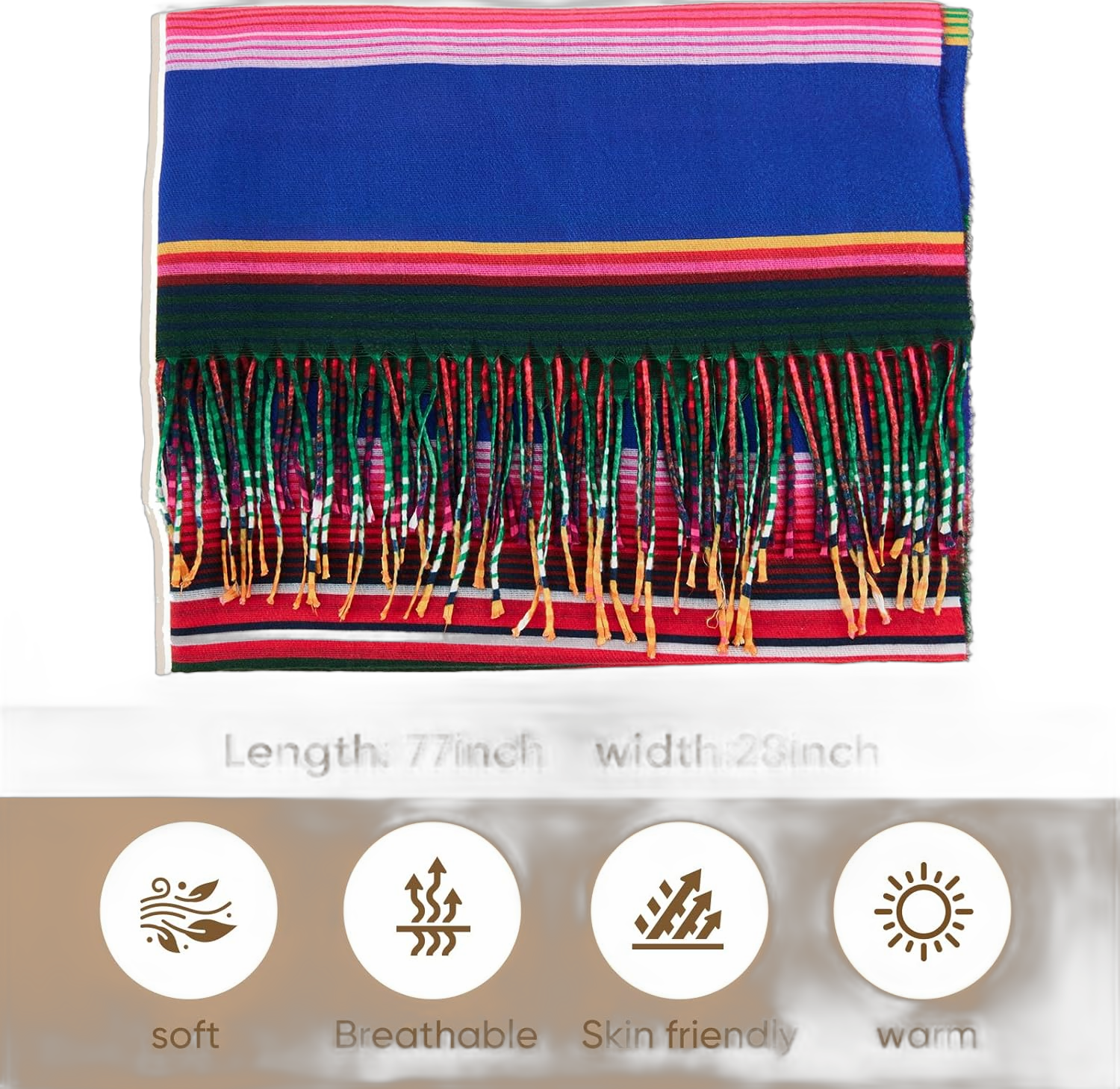 Pashmina Shawls and Wraps, Double-side pattern Long Scarves for Women, Perfect for Winter and Fall Serape Stripes Mexican Bold Colors