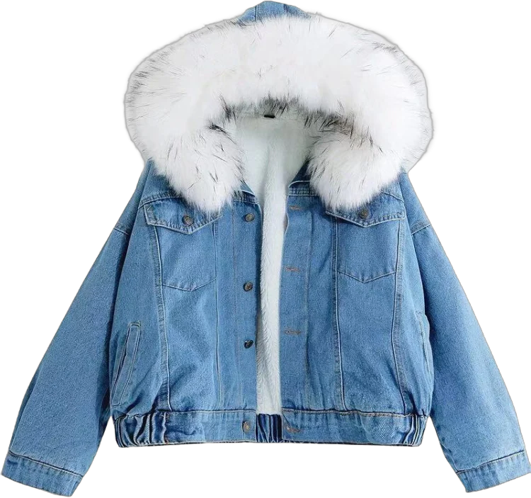 Velvet Thick Denim Jacket Female Winter Big Fur Collar Locomotive Lamb Coat Female Student Short Coat, Size: XXL(White)