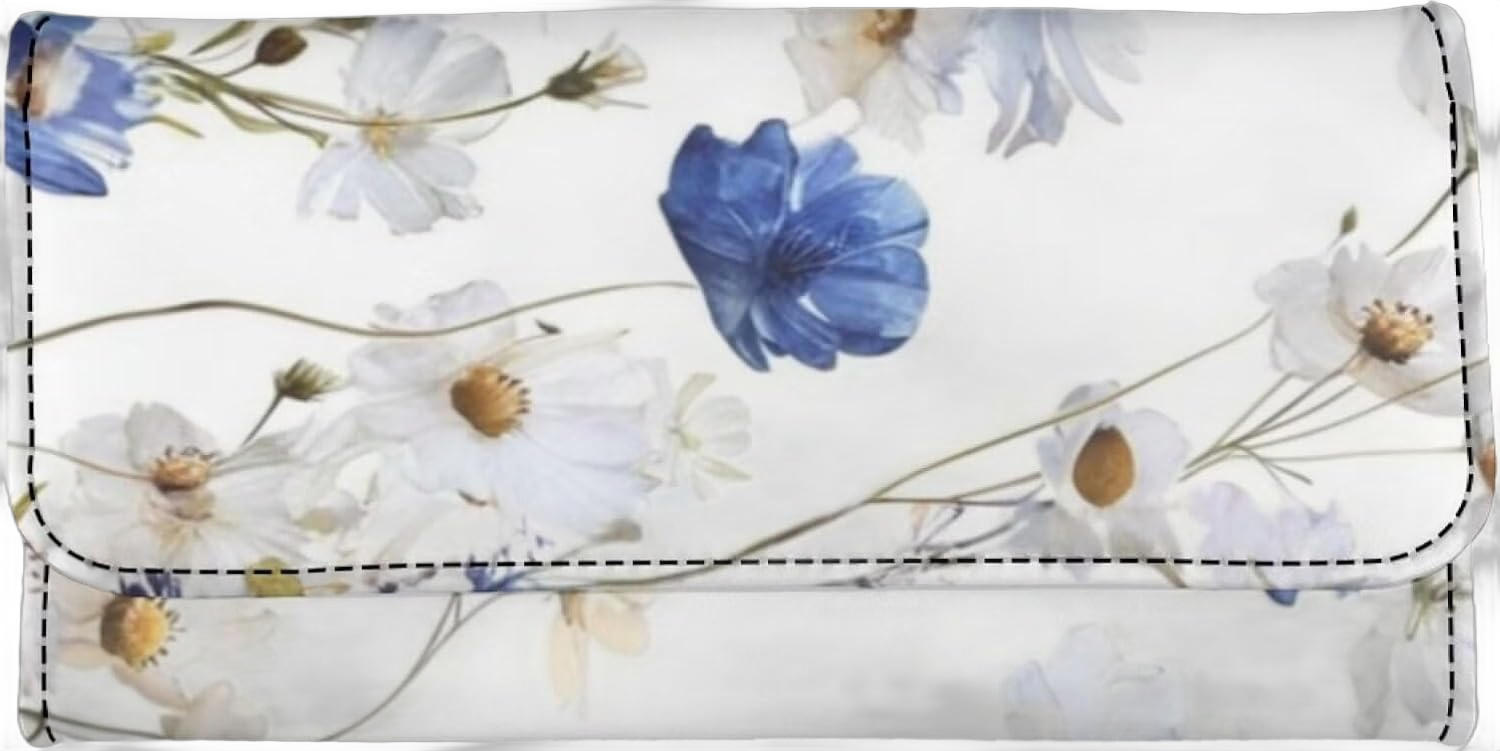 Print White and Blue Flowers Leather Wallets for Women RFID Blocking Checkbook Wallet with Credit Card Slots Phone Holder Trifold Purses Zip Coins Pocket, Buckle Closure Clutch