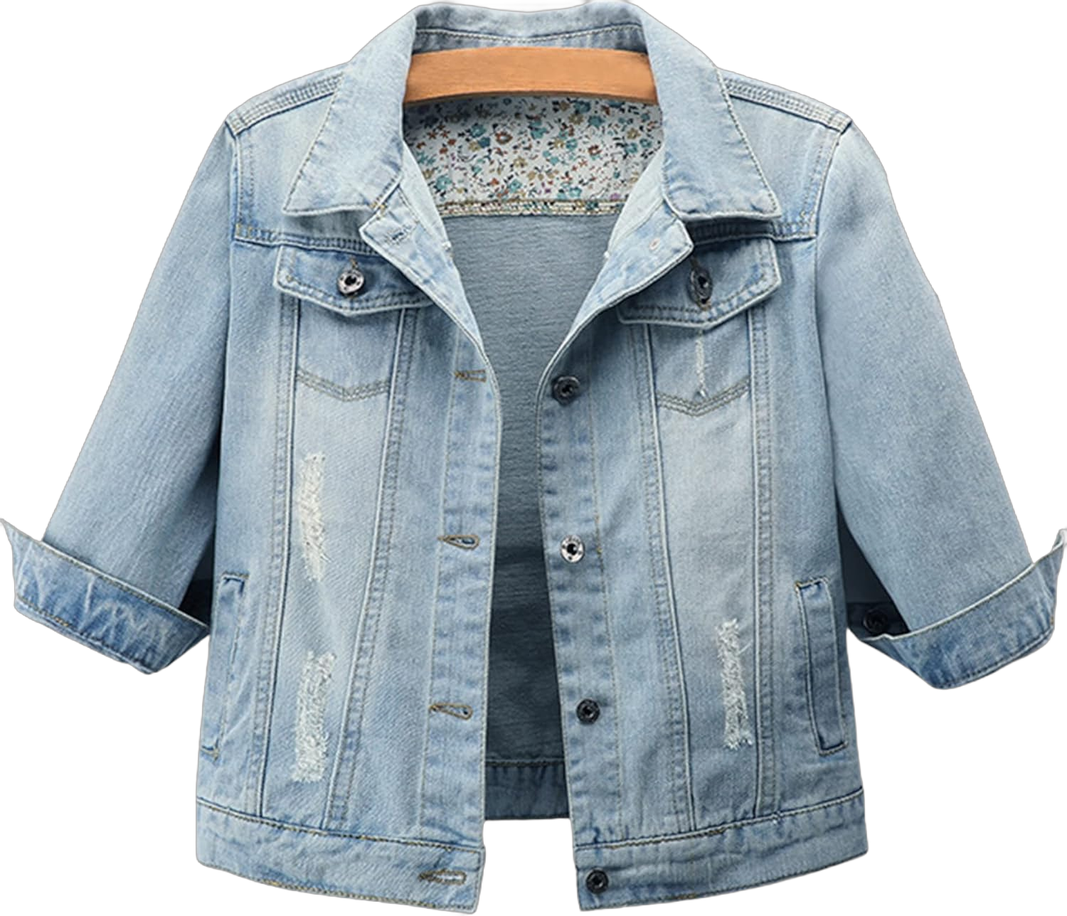 AMEBELLE Women's 3/4 Sleeve Strech Distress Slim Crop Denim Jean Trucker Jacket Light Blue Medium
