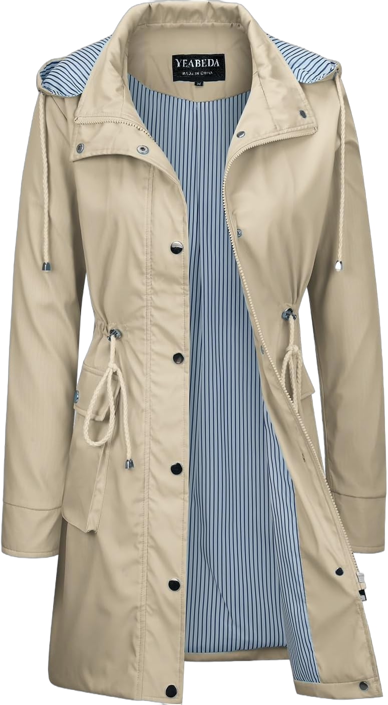 Womens Rain Trench Coat Waterproof with Hood Lightweight Raincoat Long Trench Raincoat Striped Lined Rain Jackets Medium Beige