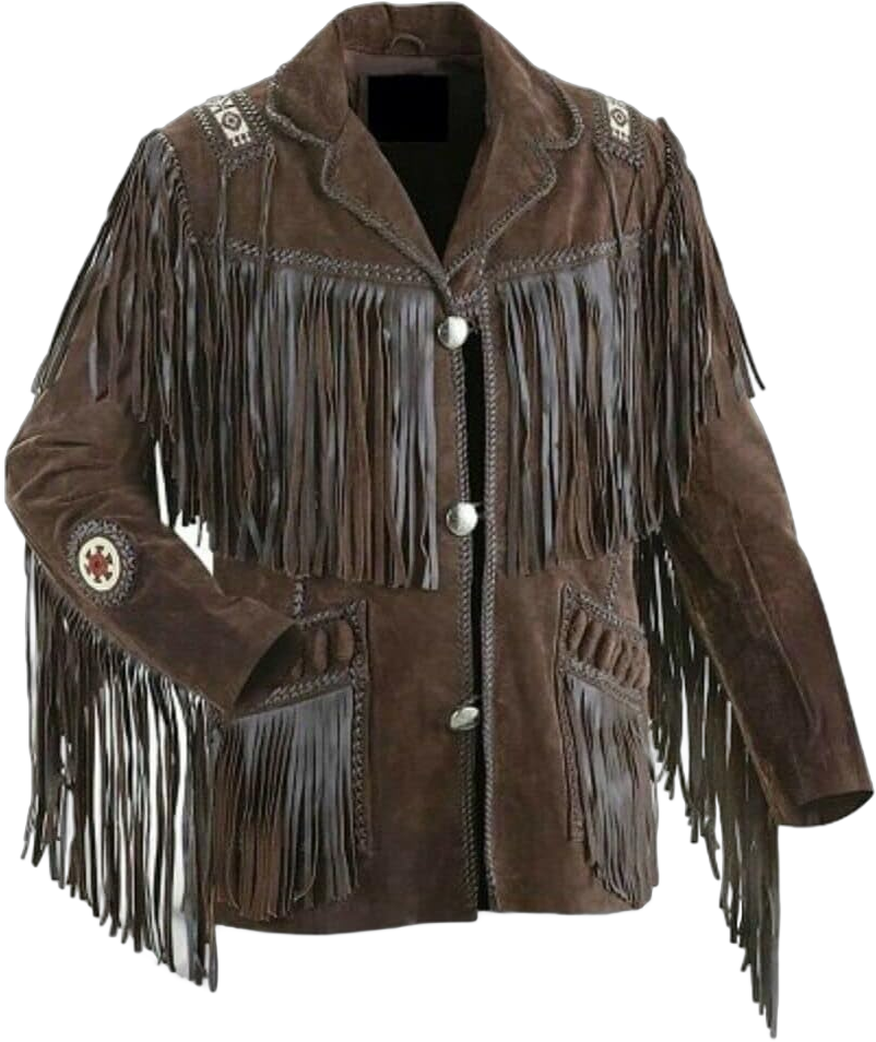 Men's Western Cowboy Leather Jacket with Fringed Native American Suede Beaded Traditional Leather Coat 3X-Large Chocolate