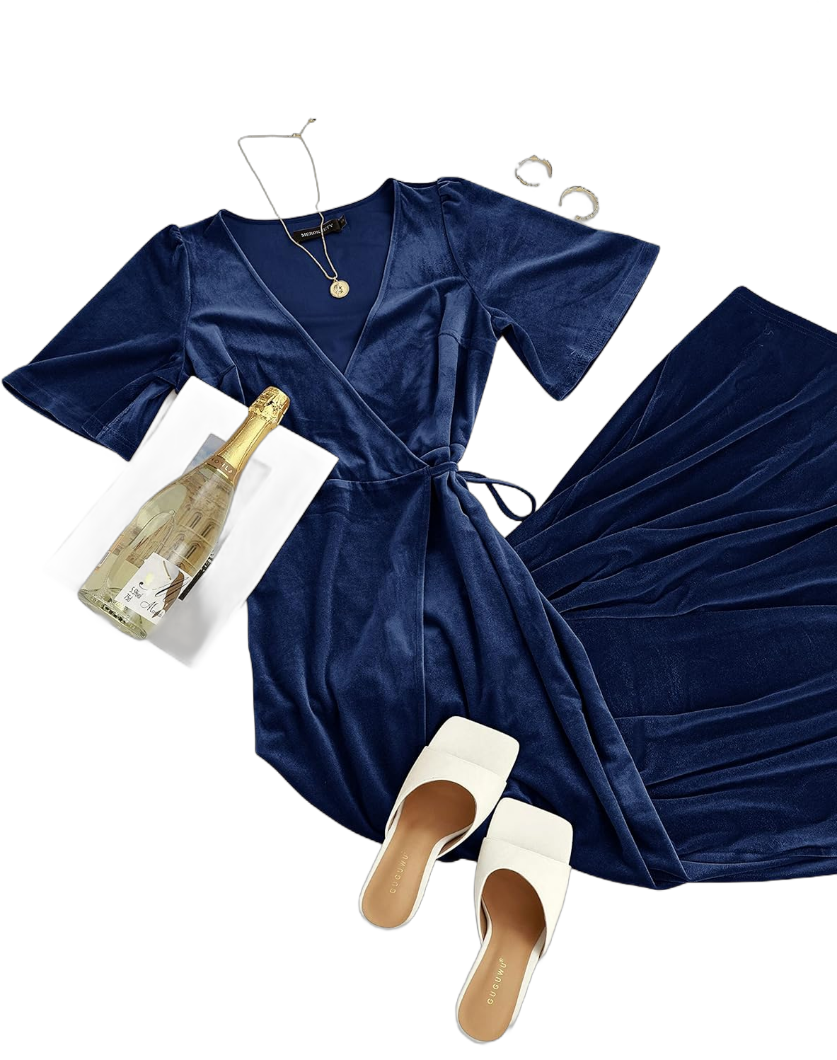 MEROKEETY Women's V Neck Wrap Velvet Maxi Dress Bell Sleeve Split Bridesmaid Cocktail Party Dresses Navy Small