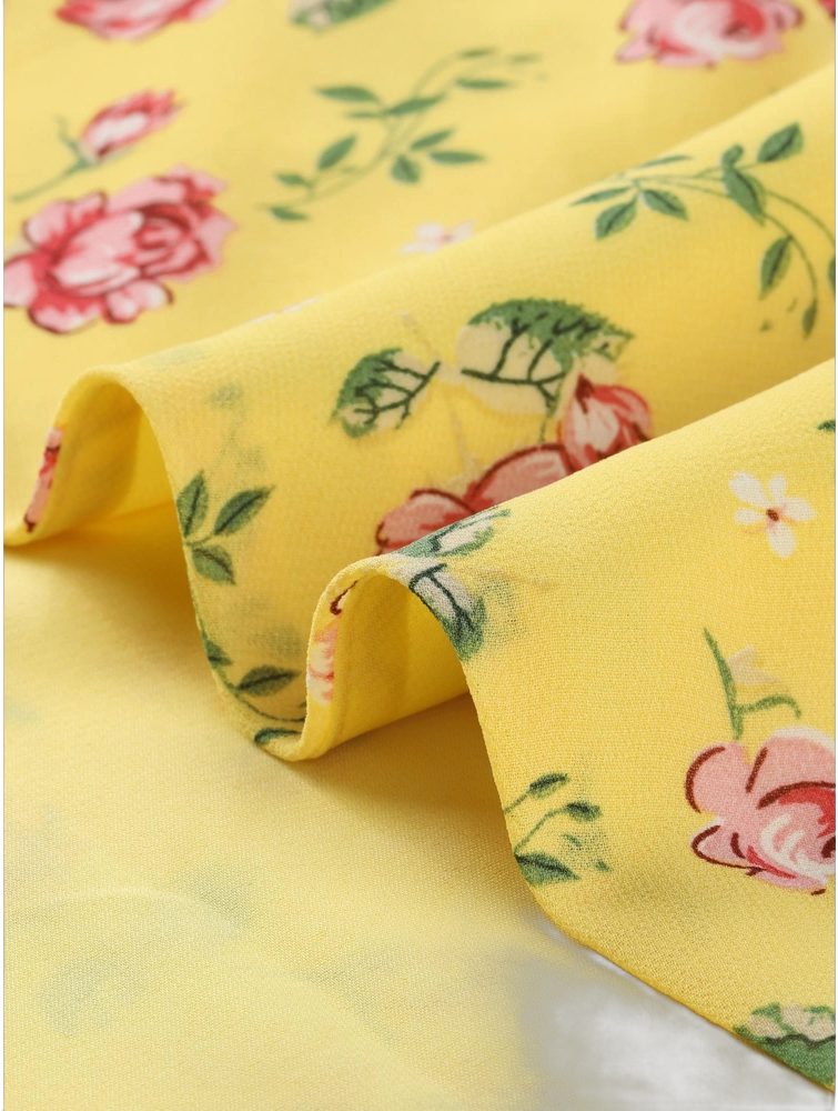 Allegra K Women's Floral Printed V Neck Short Sleeve Tie Waist Wrap Blouse Yellow Small